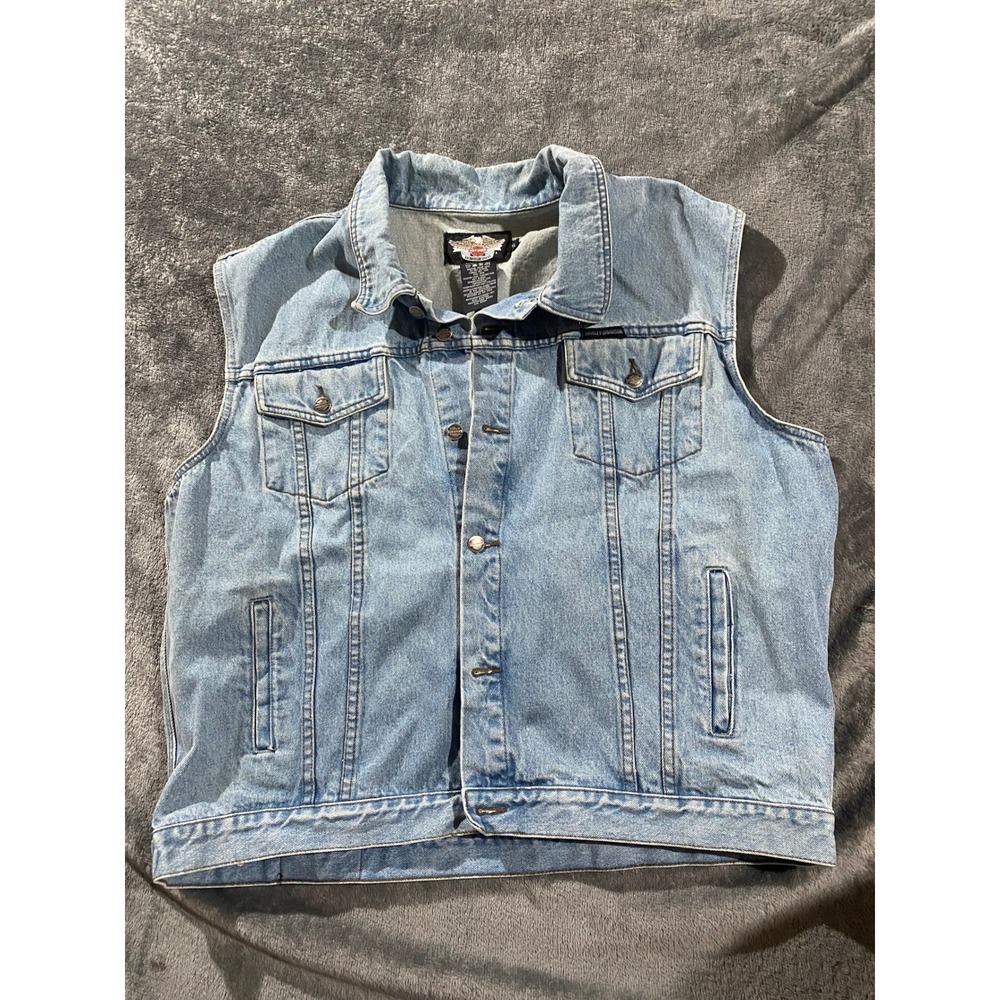 Harley-Davidson Mens XL Light Wash Denim Vest Embroidered Logo Biker Trucker